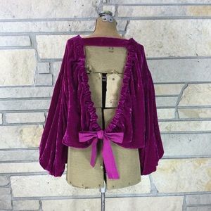 Free People Velvet Magenta Open Back Top Balloon Sleeve Top